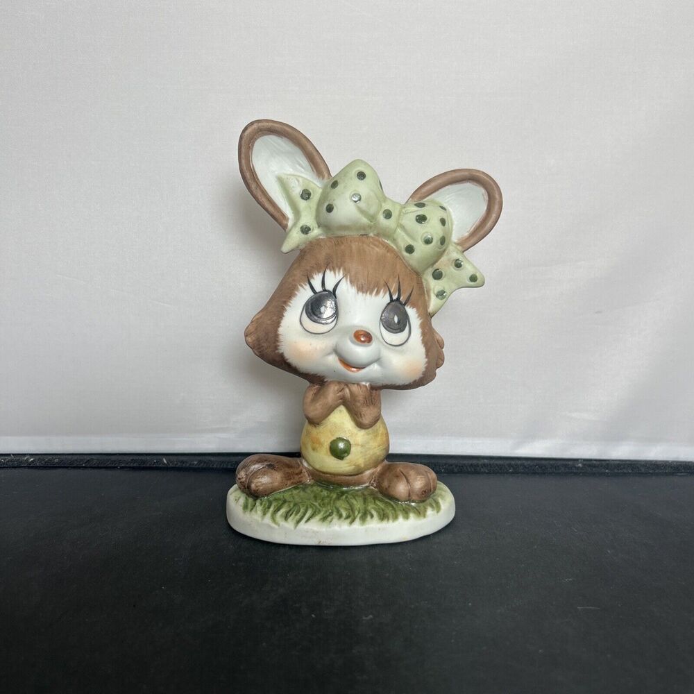 Vintage Enesco Porcelain Rabbit Bunny Big Eyes Big Bow Easter Decor 6.25" Chrty